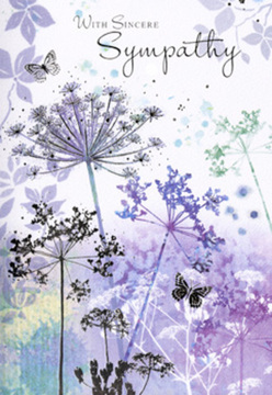 The artwork on this sympathy card captures the kind of peaceful atmosphere you might feel walking near Rainham Marshes by Wennington on a soft, overcast morning. A series of tall, fine stems stretch gracefully upward, crowned by umbel-shaped blossoms that fan out into clusters of tiny, star-like flowers. Their silhouettes are drawn with a delicate hand and then softened by washes of watercolour in shades of lavender, blue-violet, and muted indigo, with hints of silvery green tracing the leaves and lower stems. The background behind them is a soothing blend of blurred purples, cool greys, and misty greens, suggesting distant foliage and sky without ever becoming literal. The colours drift into one another in gentle gradients, giving the sense of a world quietened by mist and early light. Scattered lightly among the blooms, butterflies drift with wings rendered in transparent layers of pale violet and blue, adding the feeling of a soft breeze passing through. There is no harsh contrast, no bright white glare, just a calm, enveloping light that rests over every line and curve. The composition feels balanced and weightless, leaving ample space for the eye to pause and the mind to reflect. From the perspective of a florist who supports families in Wennington with sympathy flowers, this design mirrors the intention behind a thoughtful condolence tribute: to provide solace without intrusion, to speak kindness through subtle detail. It's the kind of image that sits beside a vase of soft lilac and white funeral blooms, offering an additional layer of comfort, inviting quiet remembrance and allowing emotions to unfold as gently as the painted petals themselves.